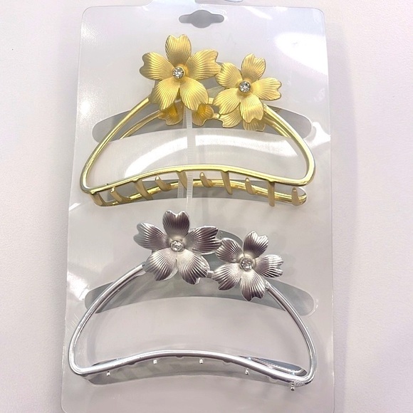Brand New Natasha Set of 2 Metal Floral Rhinestone Gold & Silver Tone Hair Clips - Picture 5 of 15